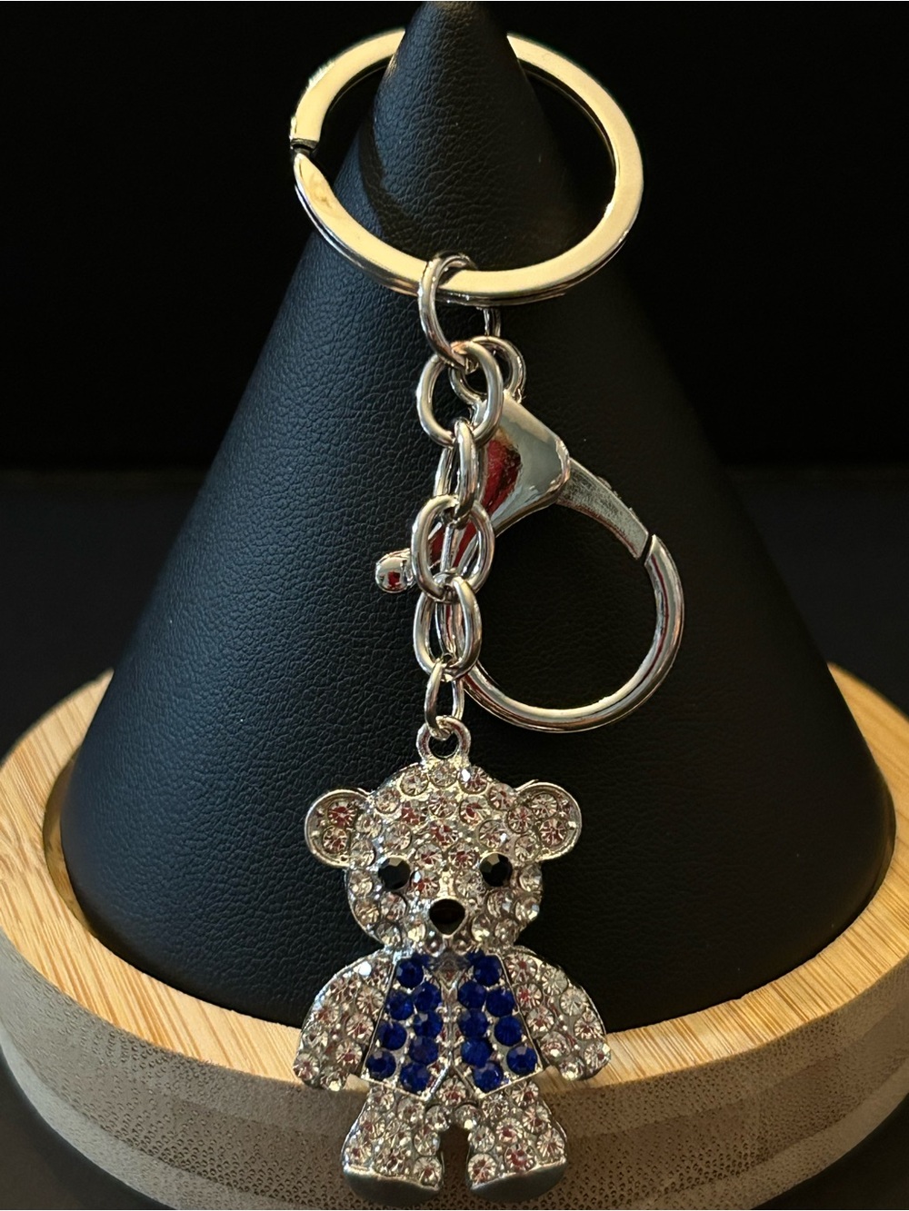 Silver-tone Crystal Teddy Bear 🧸 Bag Charm Keychain with Blue Vest